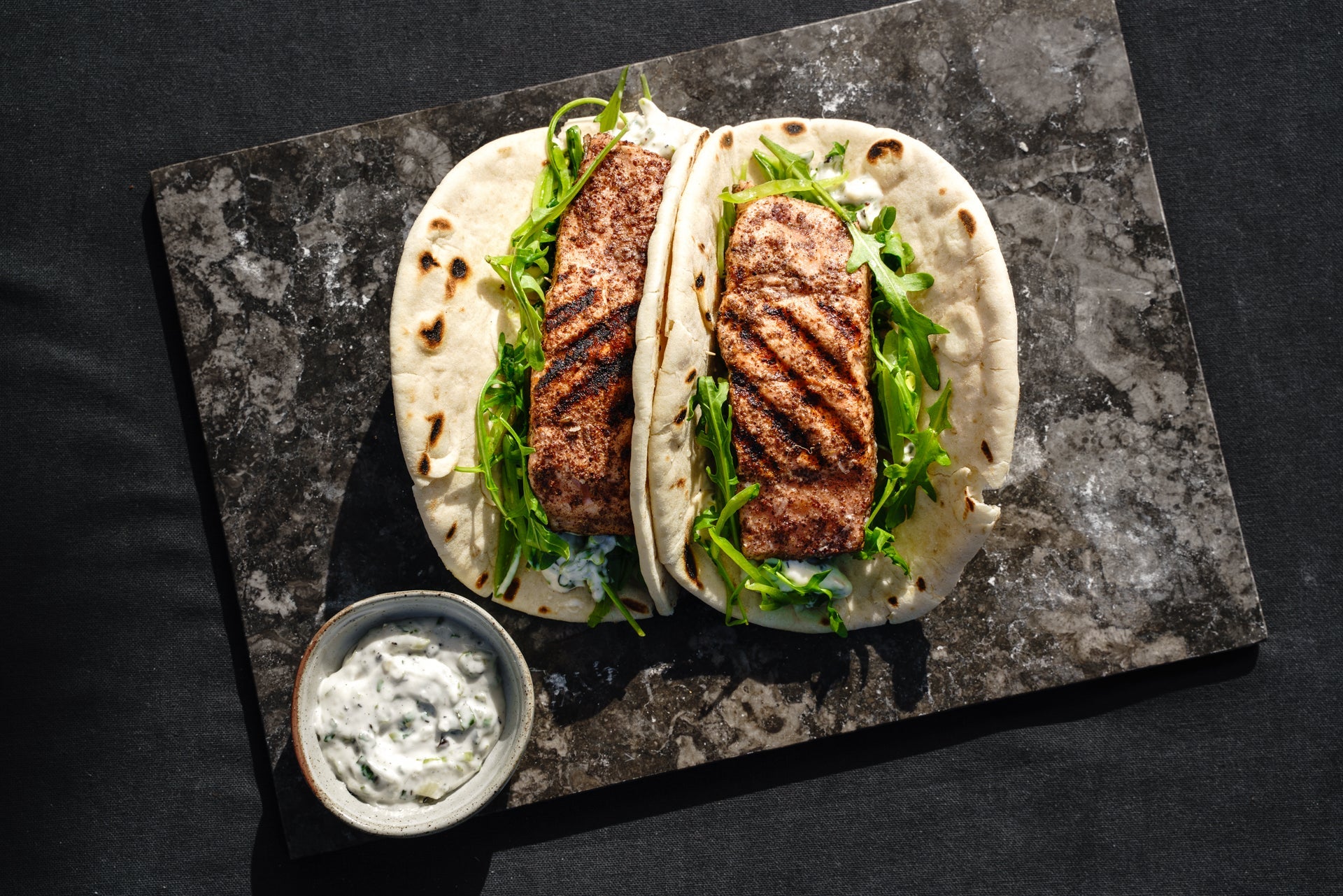 Sumac Salmon Flatbreads w/ Charred Scallion Mayonnaise
